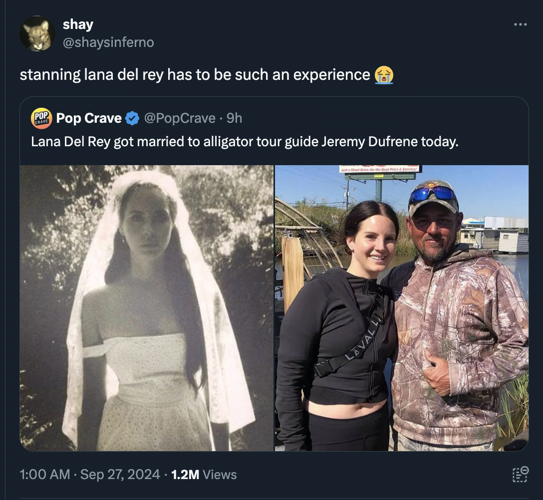 17 Tweets Reacting to Lana Del Rey's Wedding to Alligator Tour Guide Jeremy Dufrene